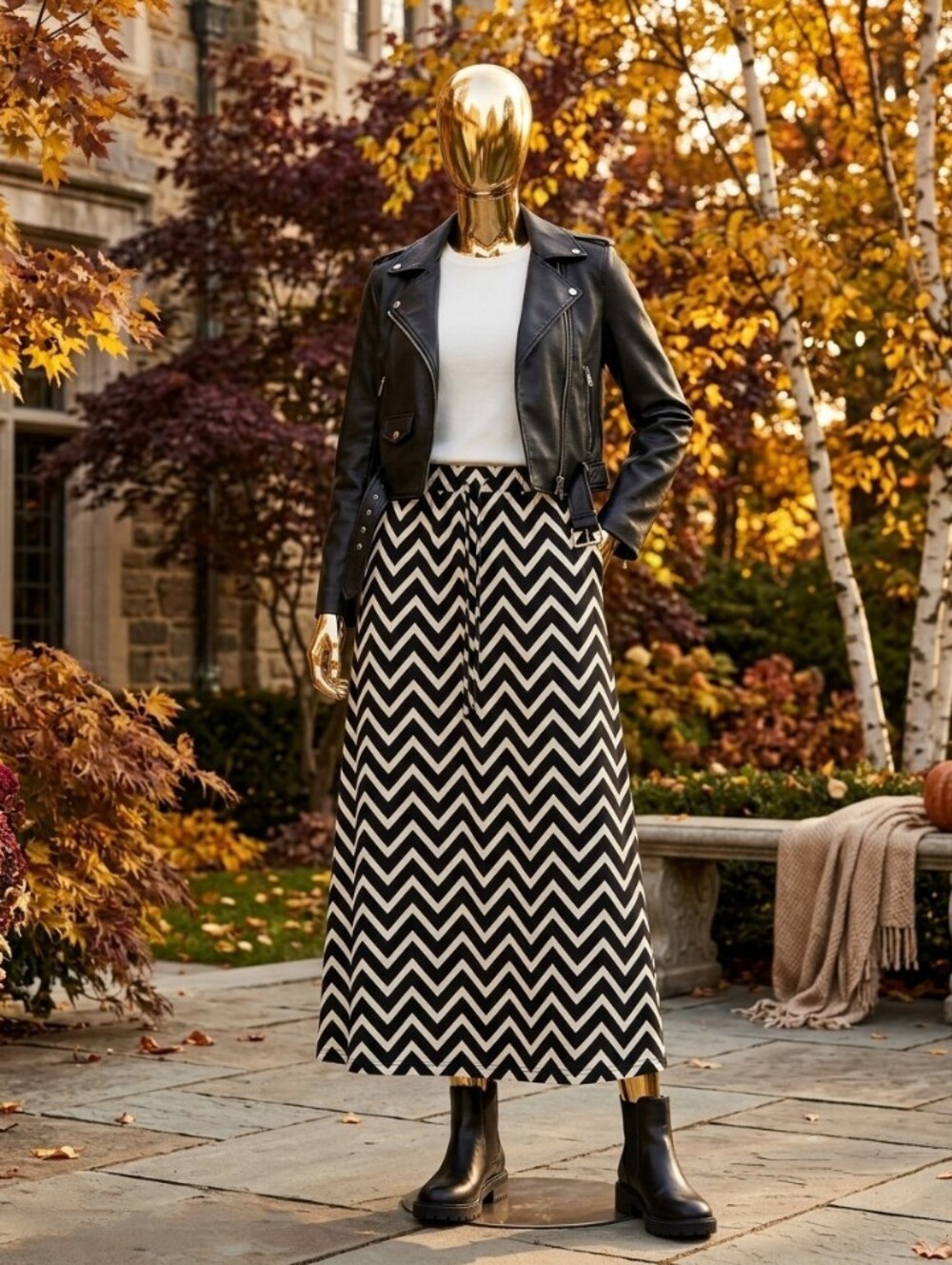 Black & White Chevron Maxi Skirt - Women's Stylish A-Line Skirt